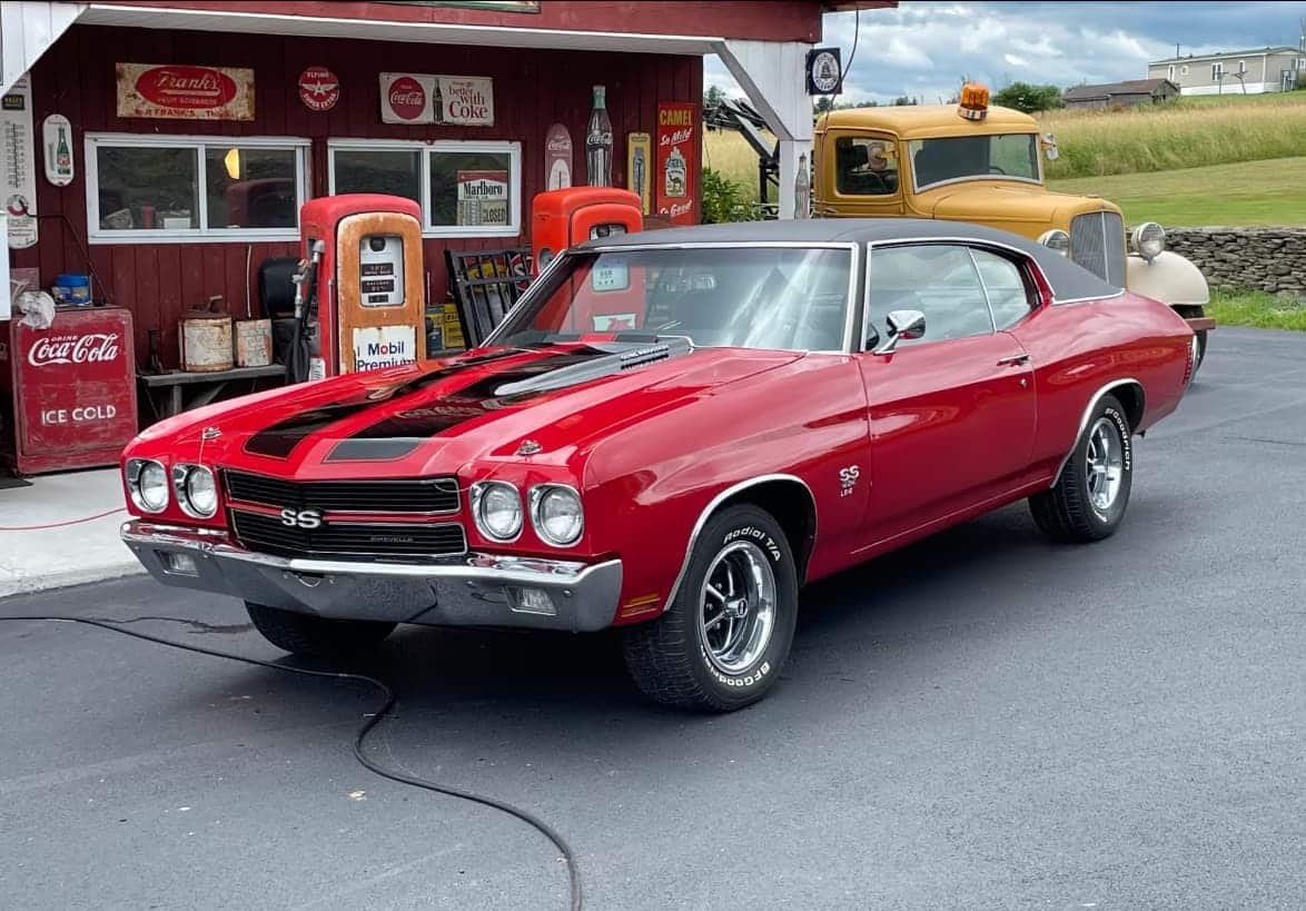 1970 Chevrolet Chevelle SS with LS6 engine, manual transmission, cowl induction hood, bucket seats, and SS wheels.